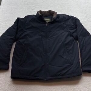 Eddie Bauer Mens Premium Goose Down Jacket Navy Blue Sherpa Collar XL Full Zip